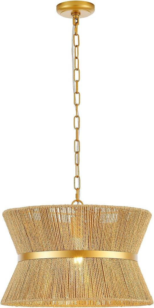 18 Hand Woven Rattan Boho Chandelier Brass Ajustable Pendant Light for Kitchen Island Living Room Bedroom Hallway, UL Listed