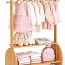 BAMBOOHOMIE Kids Clothing Rack with Adjustable Rods, Children Clothes Garment Rack for Kids Baby Pet, Kids Dress Up Rack with 2 Bottom Shelves, Kids Wardrobe Closet for Toddlers Nursery (Natural)