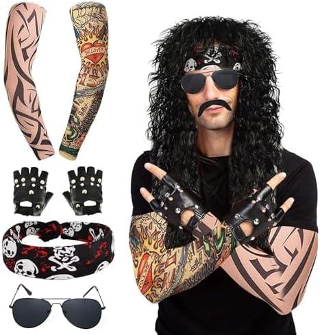 7 Pcs Rocker Costume Men's Wigs Black Curls Disco Men's Party Costume Men with Wigs Sunglasses Beards Sleeves Gloves Headscarves for 70s 80s 90s