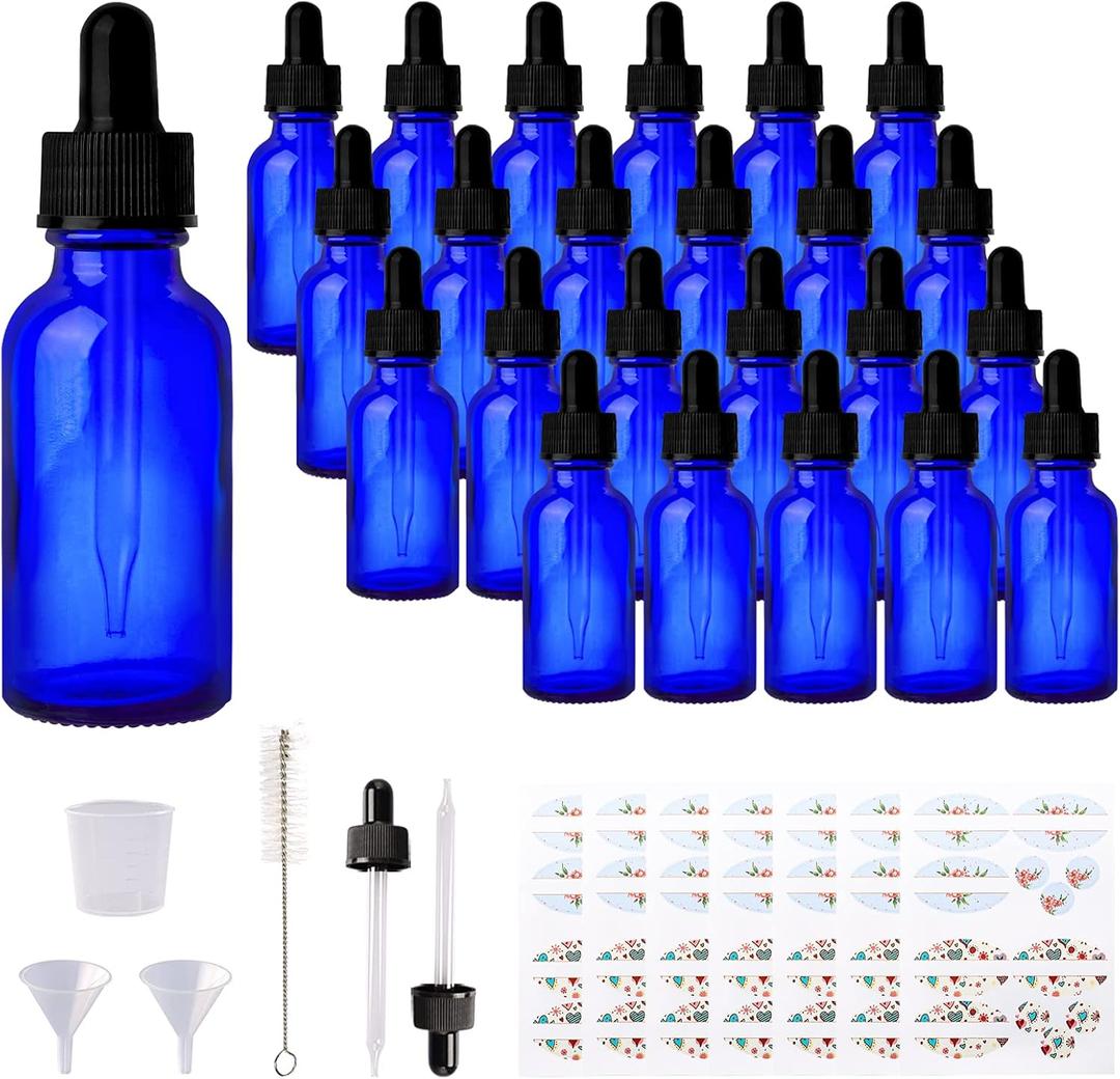 24 Pack 1oz Cobalt Blue Glass Bottles with Glass Eye Droppers for Essential Oils, Perfumes & Lab Chemicals (Brush, Funnels, 2 Extra Droppers, 36 Pieces Labels & 30ml Measuring Cup Included)