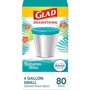 Glad Small Garbage Bags 4 Gallon, Febreze Bahama Bliss Garbage Bags, Odor Resistant with Drawstring, 80 Count