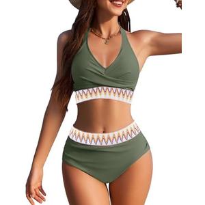 AI'MAGE Women High Waisted Bikini Sets Tummy Control Swimsuits Two Piece Swim Suits 2025 Color Block Halter Bathing Suits, S