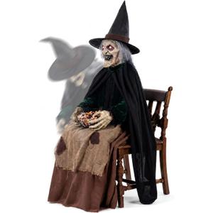 Hourleey Animated Halloween Witch Decorations, Sound & Motion Activated Sitting Witch with Glowing Eyes and Sound, Animatronics Scary Witch Decor for Porch Yard Haunted House Indoor Outdoor Party