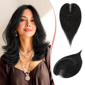 RUWISS Hair Toppers for Women Real Human Hair Lightweight Clip in Hairpiece for Thinning Hair Fluffy Straight, Nautral Black