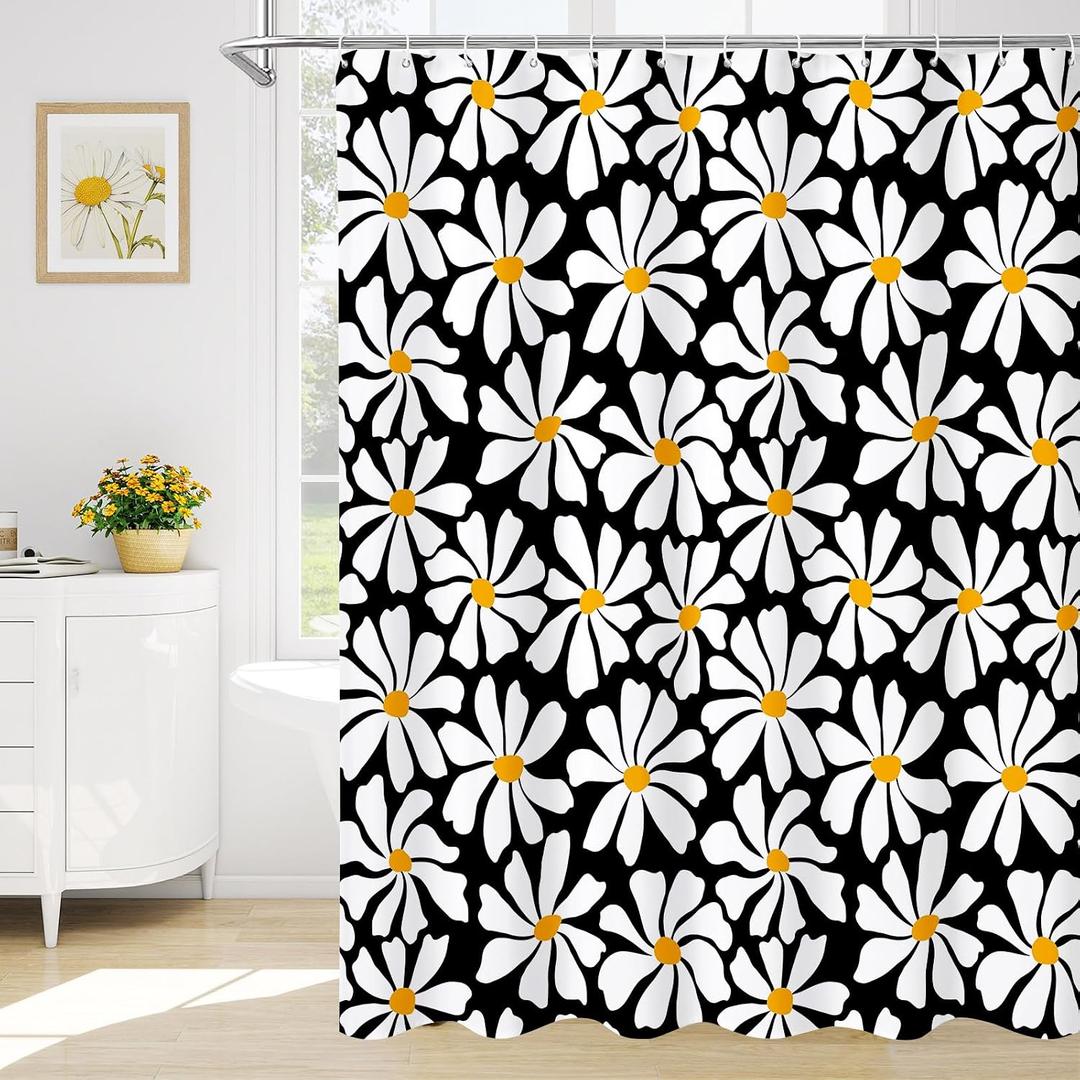 Litabel Black Daisy Floral Shower Curtain, Boho Spring Flower Shower Curtain for Girly Bathroom, Modern Minimalist White Waterproof Fabric Shower Curtain Set, 72x72 Inch