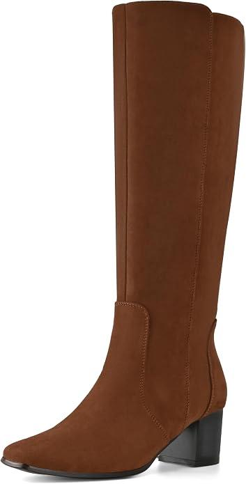 Shoe'N Tale Women's Knee High Boots Square Toe Mid Chunky Block Heeled Tall Boots Side Zipper, 38