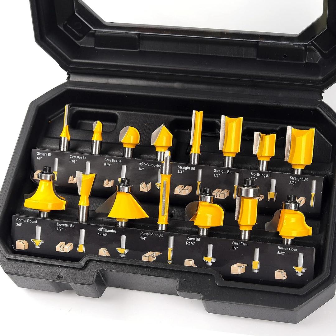 MNA Router Bits Set 15 Pieces 1/4 Inch, Router Bits Kit, DIYer Woodworking Tools, Carrying Case