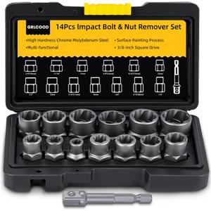 Bolt Extractor Kit, 14 PCS Impact Bolt & Nut Remover Set with 3/8 Inch Adapter, Upgrade Stripped Bolt Extractor Socket Set with Portable Tool Box, Easy Out for Rusted, Round Bolt Nuts Screws