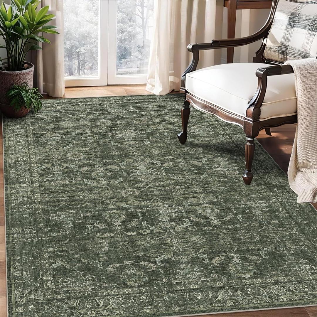 3x5 Washable Area Rugs for Living Room, Vintage Boho Large Rug for Bedroom Dining Room Office, Distressed Floral Print Carpet for Under Table, Soft Non Slip Low Pile Throw Carpet Indoor Mat, Green