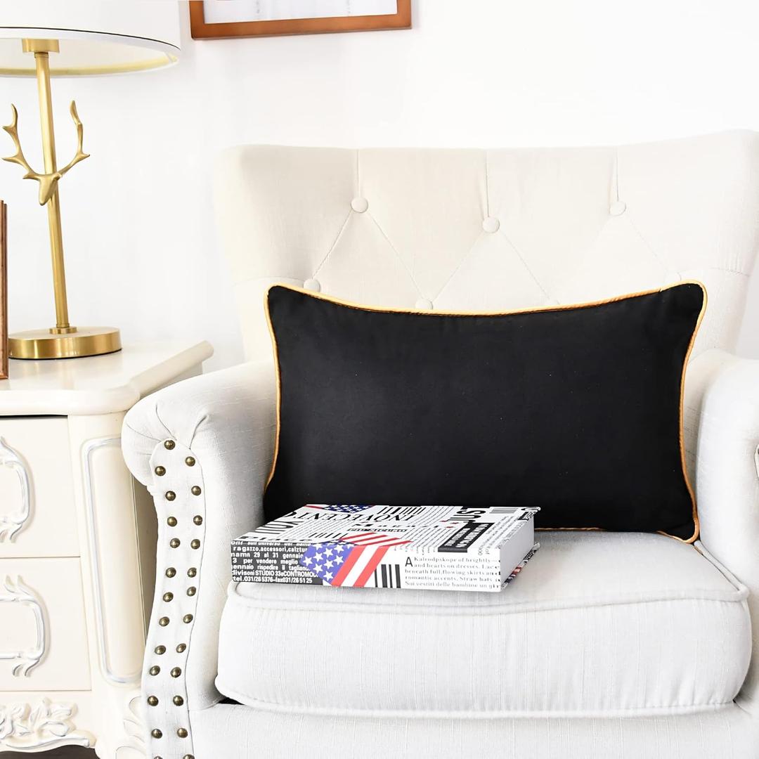 CaliTime Throw Pillow Covers Pack of 1 Super Soft Faux Suede Gold Piping Edge Accent Cushion Cases for Couch Bed Sofa Farmhouse Decorative 12 X 20 Inches Black