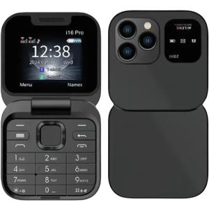 I16 Pro Mini Flip Phone, 1.77 Inch HD Display, Dual SIM 2G GSM, Foldable Design with Big Buttons, FM Radio, 32MB RAM, for Seniors Black