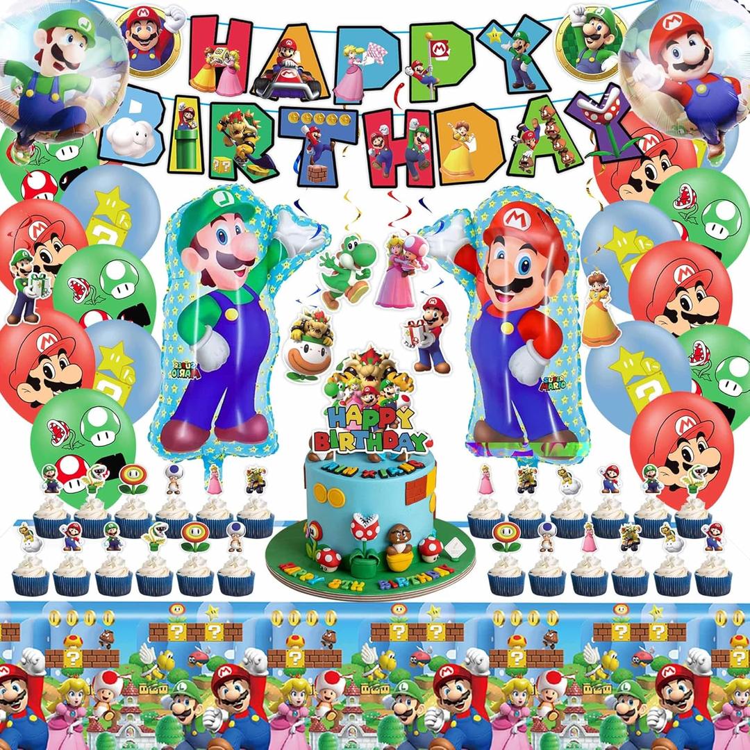 Cartoon Party Supplies, Party Favors Super Mario Bros Birthday Decorations Include Birthday Banners, Balloons, Tablecloth, Cake Decoration, Cupcake Toppers, Hanging Swirls