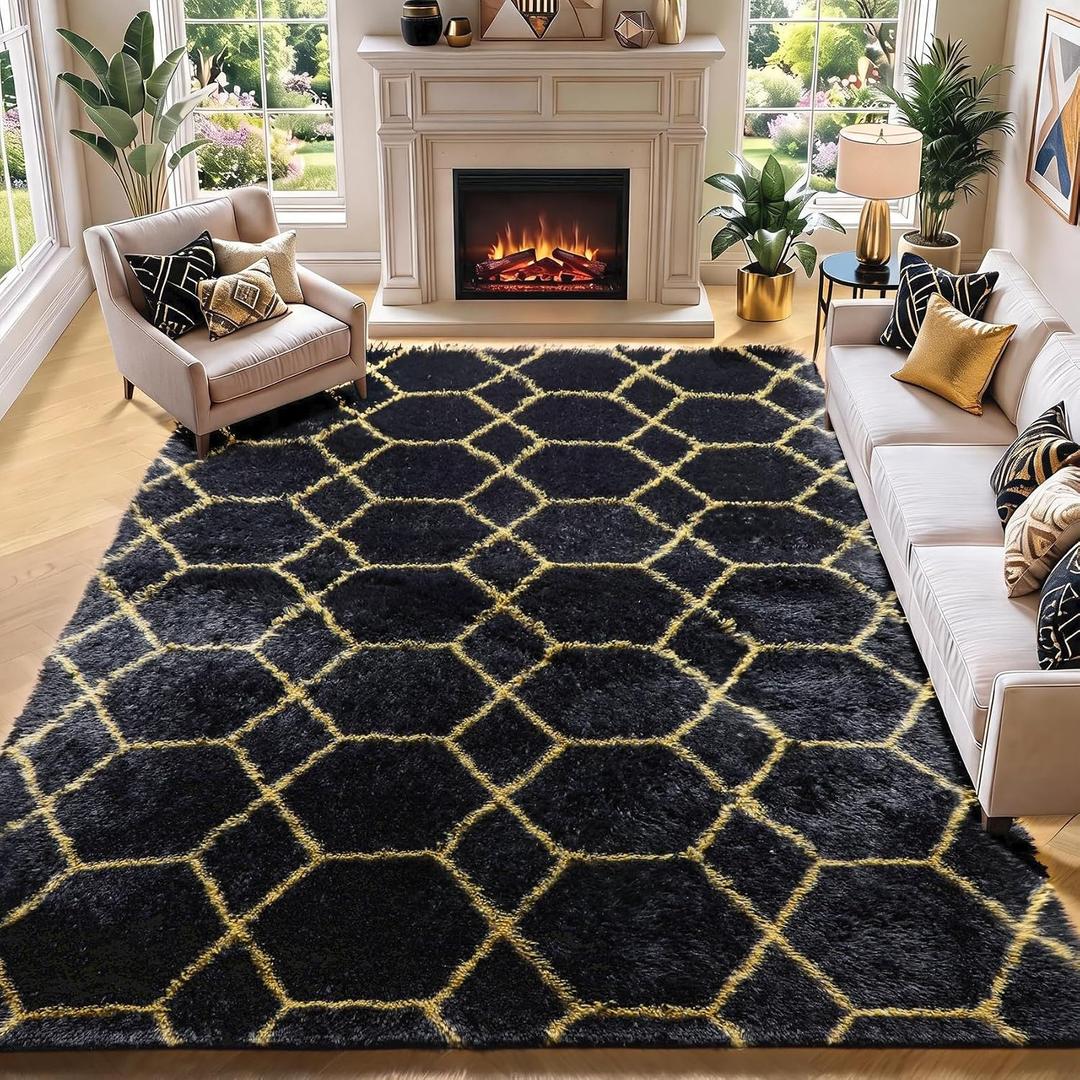 6x9 Area Rugs for Living Room Bedroom, Fluffy Black and Gold Geometric Rug