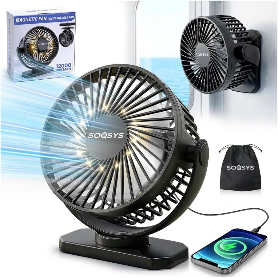 Cruise Approved Magnetic Fan with 12000mAh Rechargeable Battery, Cruise Fan with 3 Speeds, Timer, Led Lights, Power Output & Bottom Hook, Portable Fans for Camping Travel Cruise Essentials