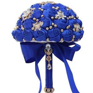 Cileruide Bridesmaid 7 Inch Holding Wedding Bouquet Bride Satin Rose Crystal Rhinestone Brooch Bridal Bouquet for Indoor Outdoor Resort Church Wedding Bridal Shower Quinceanera (Royal Blue)