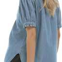 Locachy Women's Half Button Mock Neck Denim Shirt Casual Puff Short Sleeve Denim Blouse Top (Blue, L)