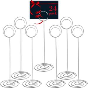 24 Pack 8.86 Inch Table Number Holder Wire Photo Holder Picture Name Menu Clips Memo Note Cards Stand for Wedding Reception Anniversary Birthday Centerpieces(Silver)