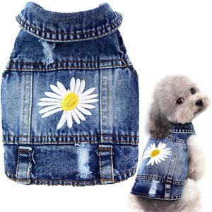 Pawstrip Dog Denim Jacket with Embroidered Daisy, Ripped Vintage Jean Vest for Small Dogs, Pugs, Chihuahuas, Spring Summer Fall Festival Outfit, Large (Fits Chest 15-16"), Large (9-12 lbs)