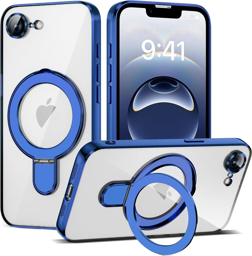 Compatible with iPhone 17E/16E Case with Invisible Magnetic Ring Stand [Compatible with Mag-Safe] [Full Camera Lens Protector] Plating Clear Phone Case for iPhone 17E/16E 6.1", Blue