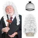 JoneTing Men White Colonial Judge Wig +Hair Cap Lawyer Wig Long Curly Hair for Men Powdered Peluca Blanca for Halloween Costume Funny White Judge Wigs for Christmas Party