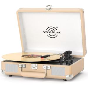VINYLSLINK Bluetooth Vinyl Record Player with Treble & Bass Adjustment, Vintage Portable Turntable Suitcase with Built-in Speakers, 3-Speed Belt Drive (33/45/78 RPM), Auto Stop, RCA/AUX/Headphone Jack (Khaki)