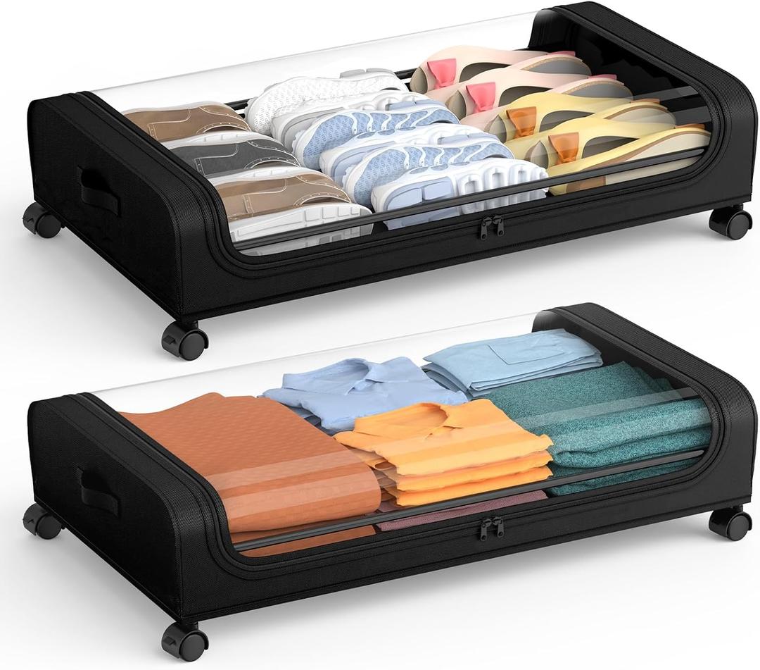 Under Bed Storage with Wheels and Lid, Under Bed Rolling Storage with XXL Large Capacity, Under the Bed Storage for Bedroom Under Bed Storage Containers for Clothes Shoe Blanket Toy Book byAUING,2Pack (48L, Bright Black)