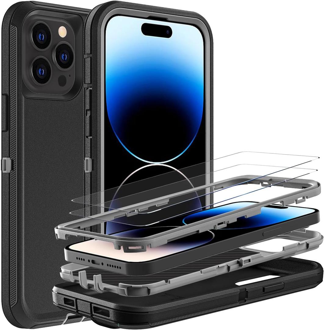 for iPhone 14 Pro Max Case, Military Grade 3 in 1 Heavy Duty Shockproof/Drop Proof/Dust Proof Case with 2Pcs Tempered Glass Screen Protector (Black/Grey)