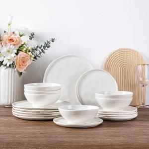 LERATIO Ceramic Dinnerware Sets for 6,Porcelain Plates and Bowls Sets with Wavy Edge,Microwave & Dishwasher & Oven Safe,Light Weight & Scratch Resistant Dishes Sets-Service for 6 (18pcs)-White (Modern-Peal White)
