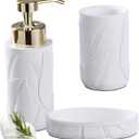 Tropical Leaves Carved Bathroom Accessories Set 3 Pcs for Countertop - Toothbrush Holder Cup, Foaming Soap Dispenser, Soap Dish - Modern Bathroom Dcor Accessory Set for Housewarming Gift (White)