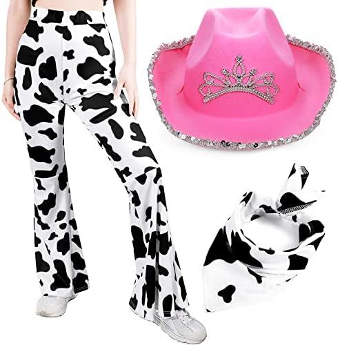 Haysandy 3 Pcs Cowgirl Costume Set Include Cow Print Pants Cowgirl Pink Hat, Bandanna for Halloween Party S