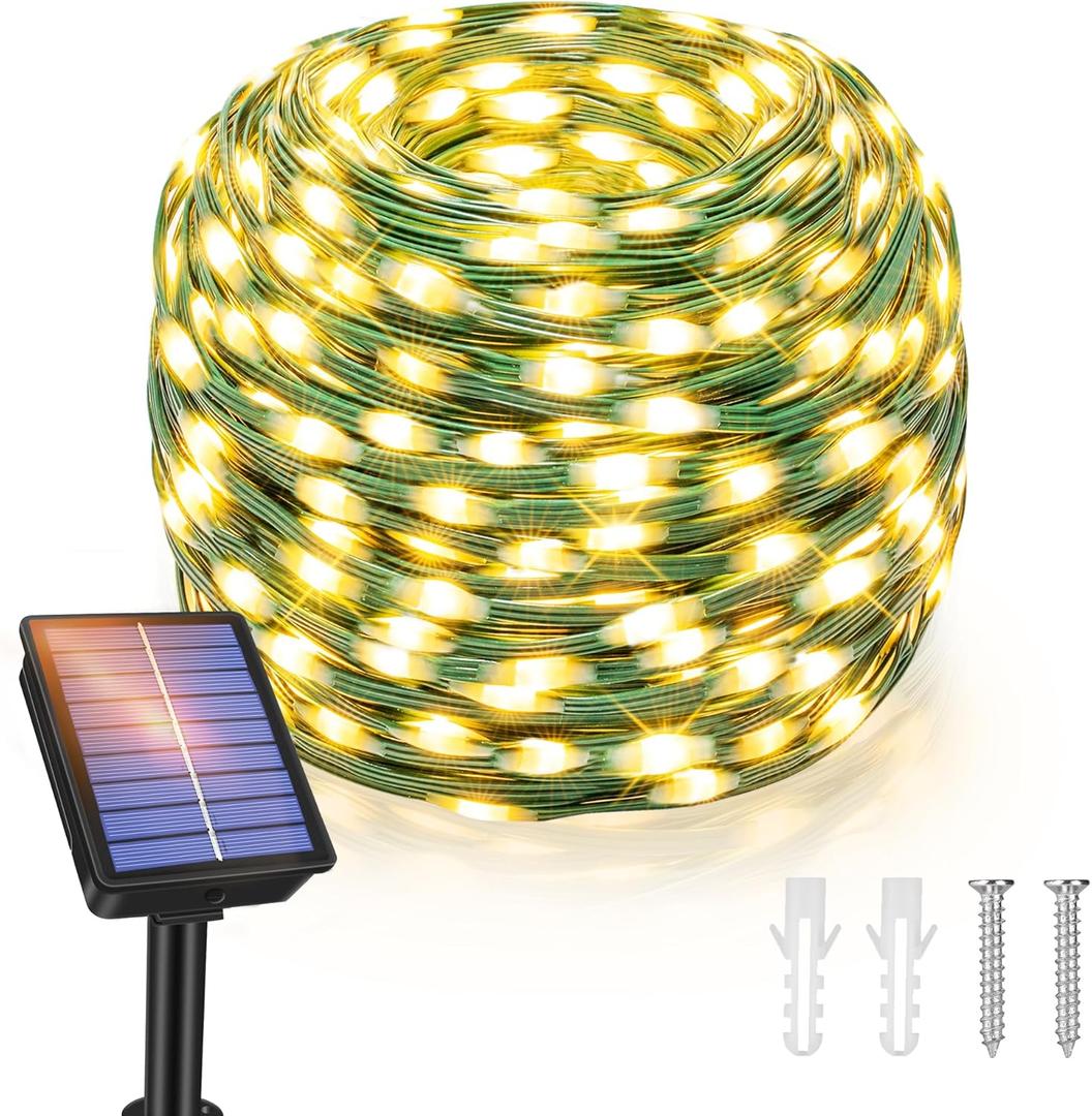 Ollny Solar String Lights Outdoor, 66FT 200LED Solar Fairy Lights with 8 Modes, Waterproof Fairy Light for Outside Yard Garden Patio Camping Party Wedding(Warm White) (1 Pack-200LED)