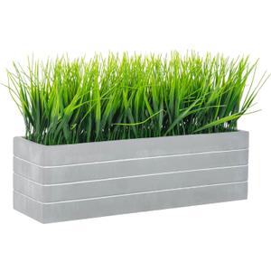 MyGift 15 Inch Artificial Green Grass Plants Potted in Ribbed Gray Concrete Planter Box, Tabletop Faux Greenery in Rectangular Cement Pot Centerpiece Dcor