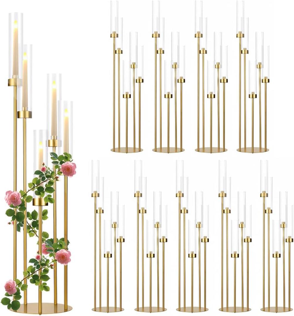 Gold Candelabra Centerpieces for Tables,Acrylic Candelabra 5 Arm for Wedding Tall Floor Candle Holder for Concert Party Housewarming Gifts centros de mesa para bodas candelabros navideos10PCS