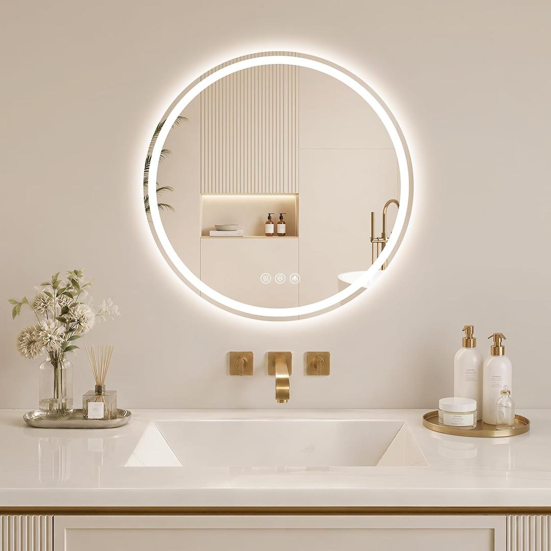 BEAUTYPEAK 20 Inch Round LED Bathroom Mirror with Lights, Circle Frameless Wall Mounted Vanity Mirror with Anti-Fog, Dimmable 3 Color Temperature, Memory Function, Tempered Glass for Modern Home Decor