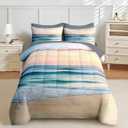 Nesker 7 Pcs Comforter Set Queen Size, Ocean Beach Coastal Bedding Set for Kids and Adults, Abstract Teal Bed Sheet Set with Fitted Sheet 2 Pillowcases & 2 Shams
