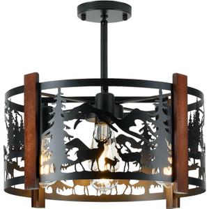 Rustic Deer Ceiling Light Fixtures, 4-Light Round E26 Base Adjustable Farmhouse Black Metal Wooden Fixture for Kitchen, Living Room, Foyer, Bedroom, Hallway-16.5" L* 16.5" W * 11.8" H