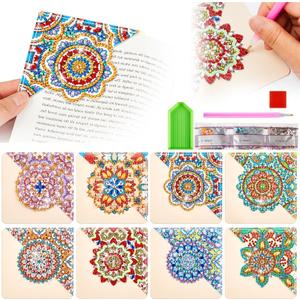 Qilery 8 Pcs Mandala Diamond Art Painting Bookmarks Kits DIY Diamond Paint Corner Book Makers Set Diamond Painting Accessories Book Marker for Office School Home Book Lovers Adults Kids Gift