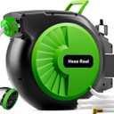 Retractable Garden Hose Reel 100FT x 5/8 in, Wall Mount Water Hose Reel for Outside with Auto Rewind, Tangle-Free Guide, 180 Swivel Bracket, Lock at Any Length, High-Pressure Flow, 10-Pattern Nozzle