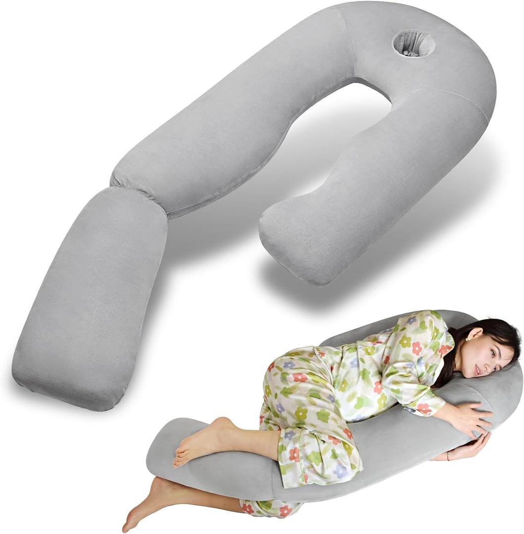 Pozico U-Shaped Full Body Pillow for Side Sleepers  51-Inch Cooling Pregnancy Pillow with Ear Piercing Design for Neck, Back, and Hip Support  Removable Washable Cover Space-Saving Design (Grey)