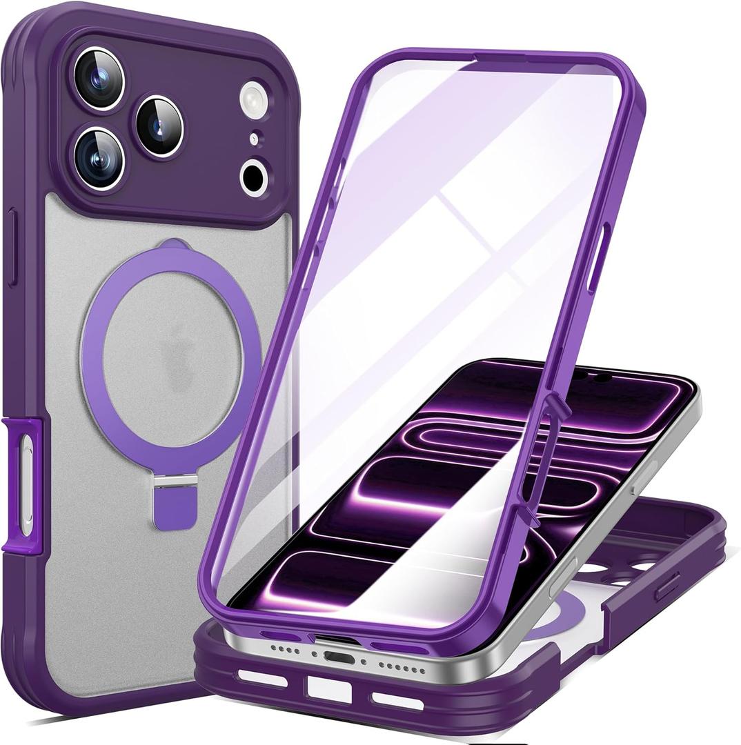 for iPhone 17 Pro Max Case with Invisible Magnetic Stand, Compatible with Mag-Safe Military-Grade Protection with Built-in Screen Protector, Shockproof Phone Case for Women Men, Purple