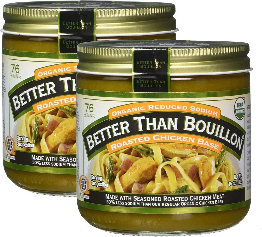 Better Than Bouillon Organic Sodium Reduced Roasted Chicken Base, 76 Servings 2 PK x 16 Oz / 454 Grams, Total 32 Oz (Less Sodium), Best By Feb/ 17/2027