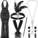 6 Pcs 1920s Elegant Rhinestone Mesh See Through Bodycon Dress with 20s Flapper Accessories Set (Black, M)
