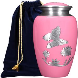 ALPHA Living HOME Cremation Urn for Human Ashes Adult  Handcrafted Aluminum Memorial Urn with Butterfly Engraving & Velvet Carry Bag, Secure Screw Lid Funeral Burial Urn, (Pink & Silver)
