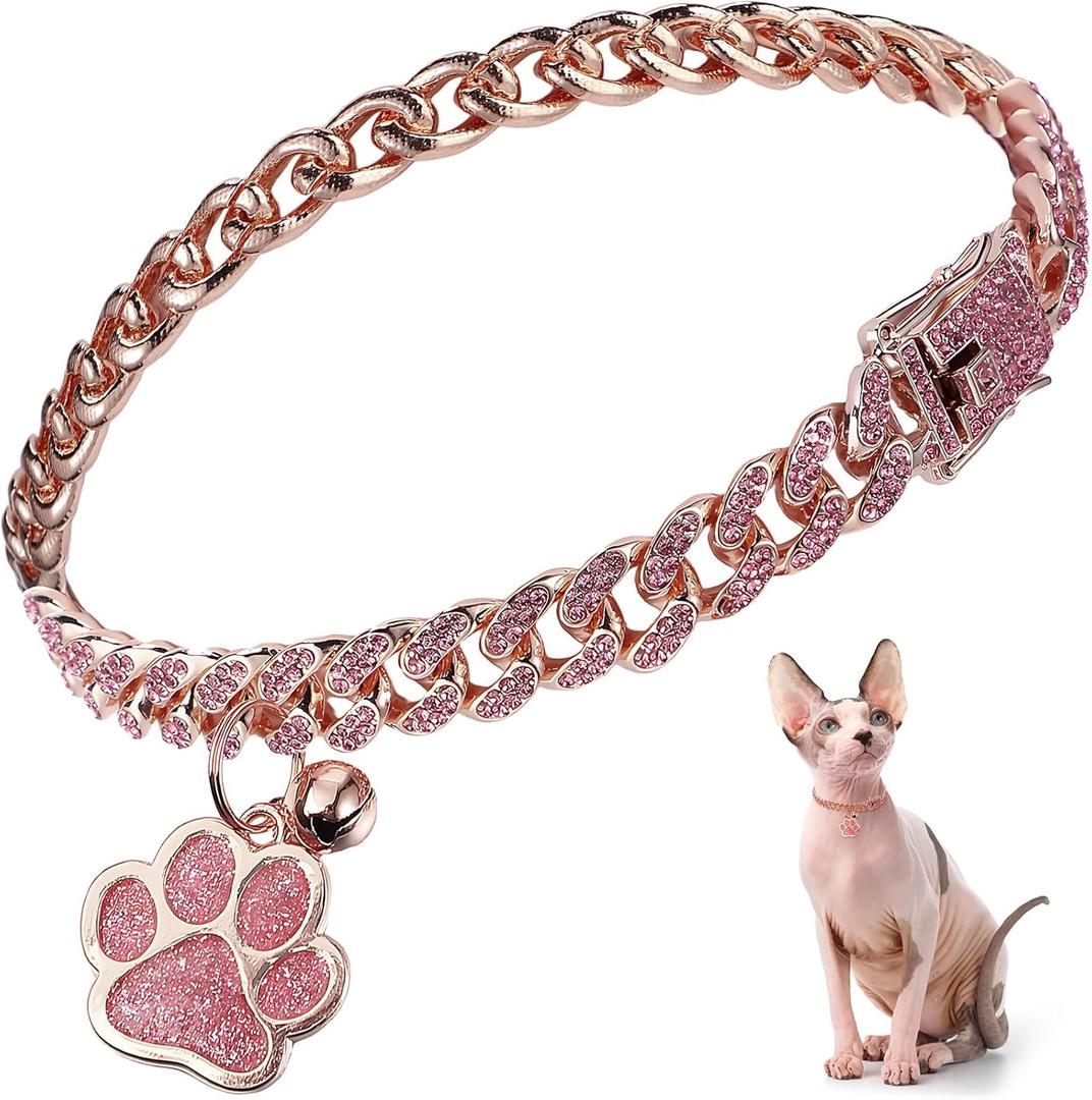 Hillban Cat Collar Diamond Chain Glitter Collar Walking Metal with Secure Buckle Cat Pet Necklace with Paw Charm and ID Tag Bell Link Cuban Jewelry Accessories Gift(8 Inch,Rose Gold, Pink)