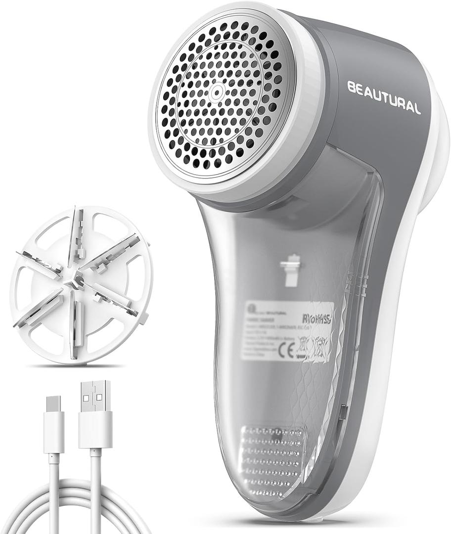 BEAUTURAL Fabric Shaver and Lint Remover, Rechargeable Sweater Defuzzer | 6-Leaf Blades, Electric Clothes Shavers to Trim Fuzz and Pills, Remove Pilling for Clothing, Furniture, Couch, Blanket, Gray