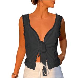 SOLY HUX Women's Y2k Lace Trim Open Tie Front Tank Top V Neck Sleeveless Tops (Large, Pure Dark Grey)