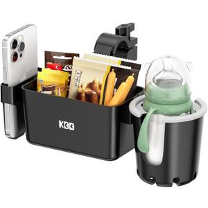 KDD Stroller Cup Holder with Snack Tray, 3-in-1 Universal Stroller Tray with Phone Holder, Removable Drink Holder, 360 Rotation Tray Attachment for Uppababy, Nuna, Wheelchair, Bike, Walker, Scooter (Black)