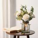 YJ Fake Flowers with Vase, Silk Roses Artificial Flowers in Vase, Faux Flower Plant Arrangement Suitable for Home Office Decoration, Dining Table Centerpiece(White)