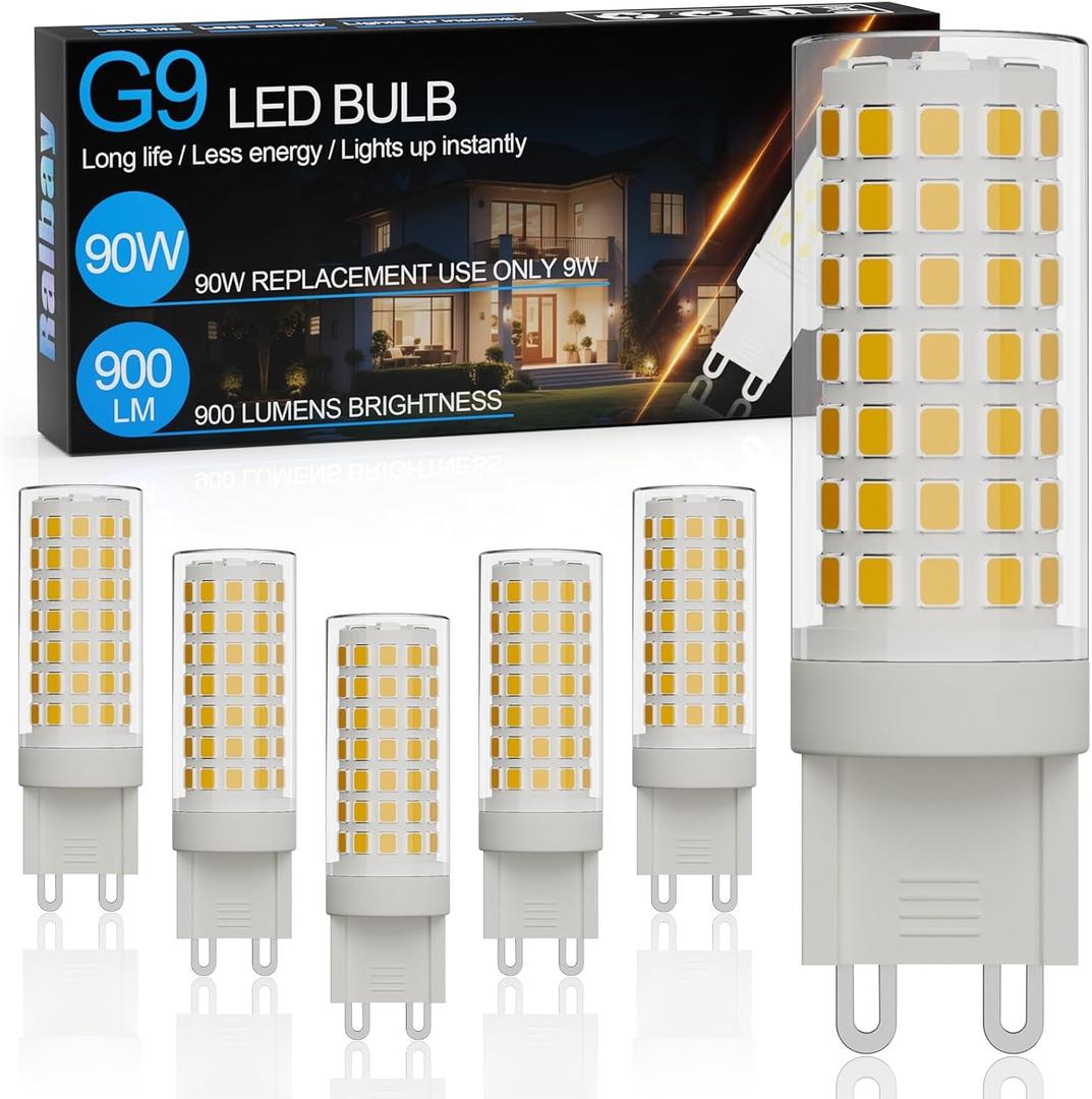 Ralbay 6-Pack Dimmable G9 LED Bulbs 9W 3000K Warm White, 900LM Ultra Bright Creates Cozy Warm Glow, Wide Dimmer Compatible for Bedroom Living Room Lamp