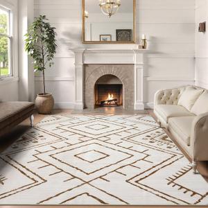LIVEBOX Moroccan 8x10 Area Rug, Beige Washable Rugs for Living Room Bedroom, Non Slip Western Tribal Rug Low Pile Geometric Large Area Rugs Diamond Carpet for Dining Room, Nursery Room, Playroom Boho